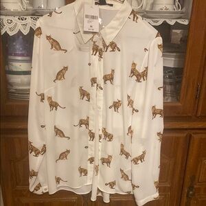White Blouse with Cat Print